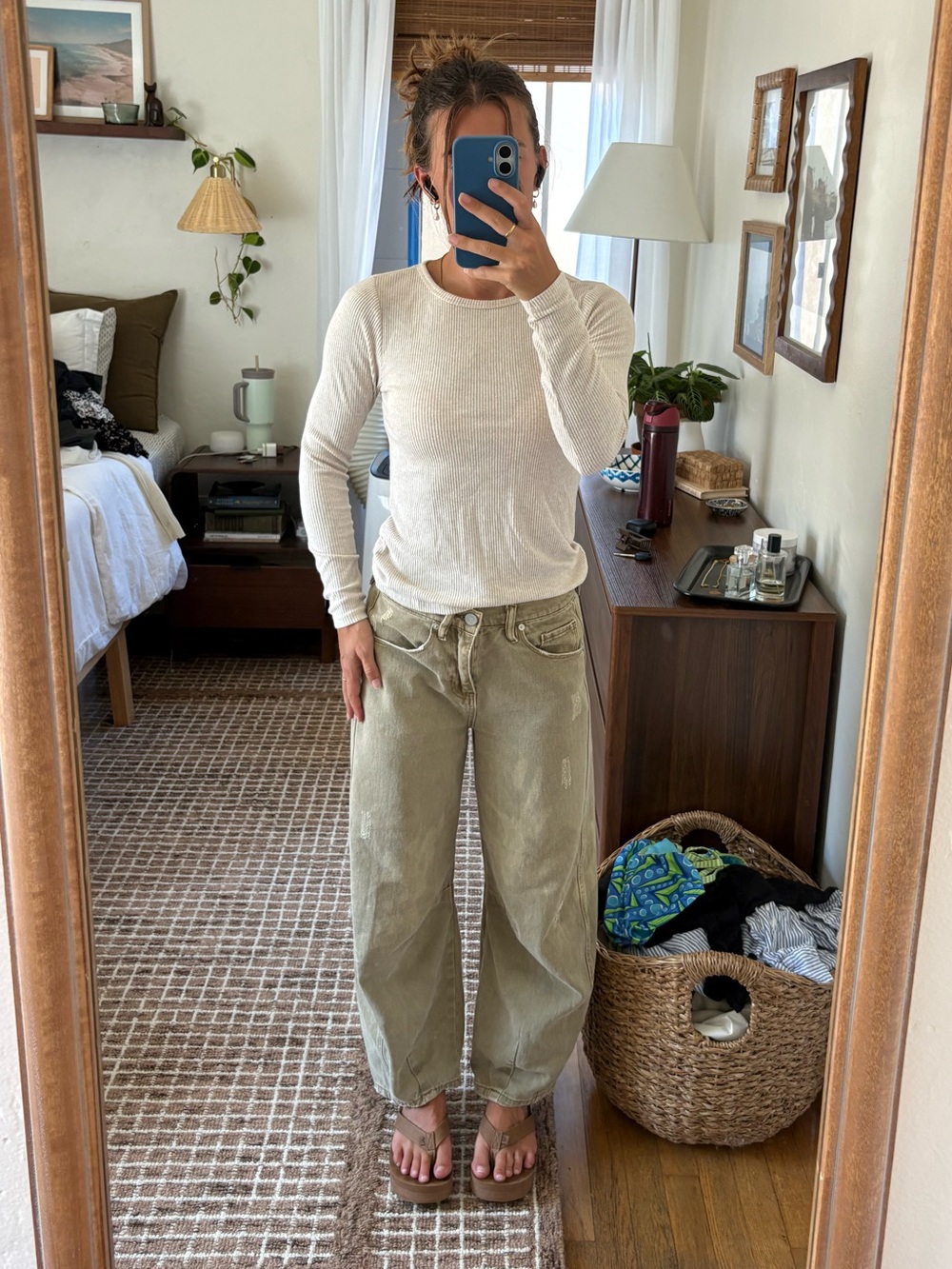 Elegant Cream ribbed Long Sleeve Top